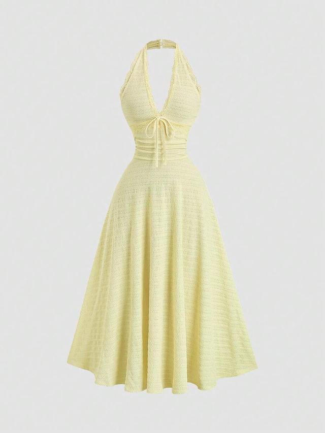 sweetra sexy halter lace trim textured a-line dress