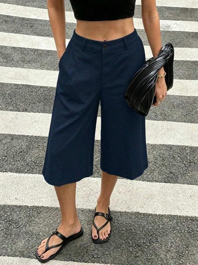 women's solid navy wide leg capri trousers