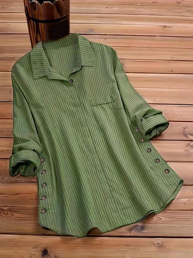 green striped long sleeve button detail blouse