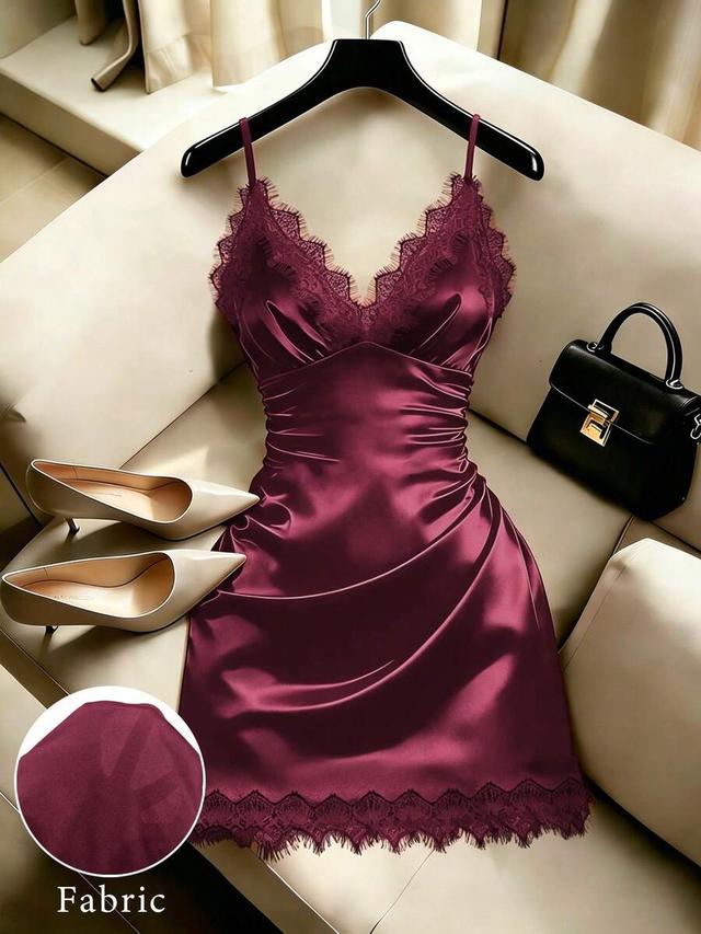 burgundy satin lace trim pleated strap dress