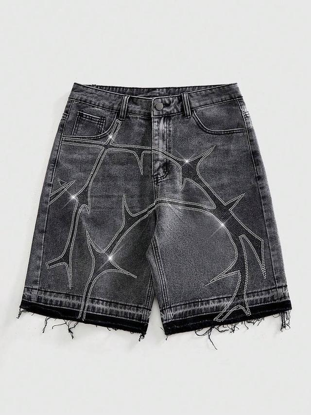 grey denim shorts with rhinestone thorn embellishment