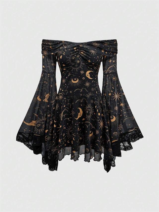 gothic retro star moon print off shoulder mesh dress