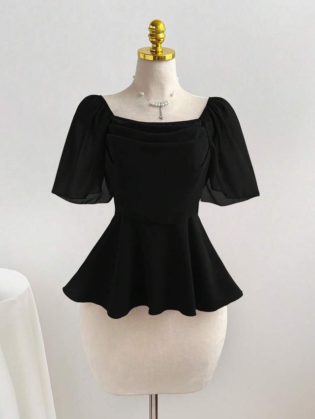 elamini square neck pleated waist flared hem black top