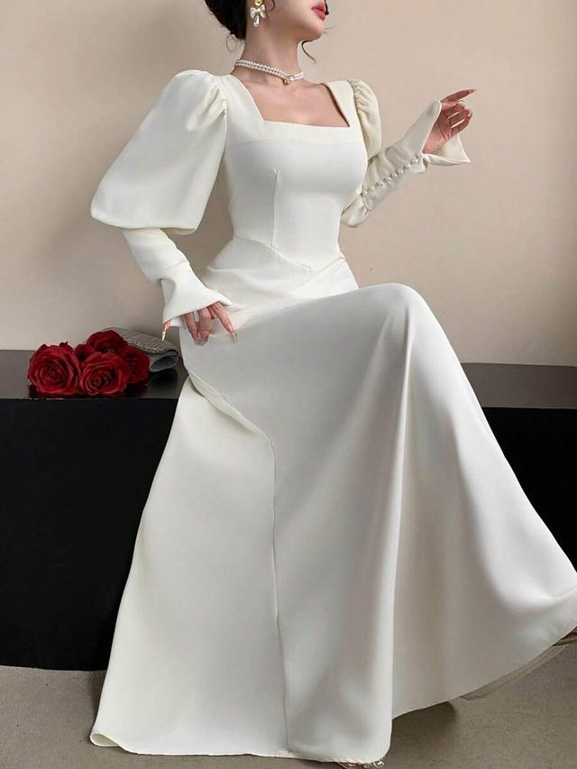 elegant white waist-cinched princess long dress