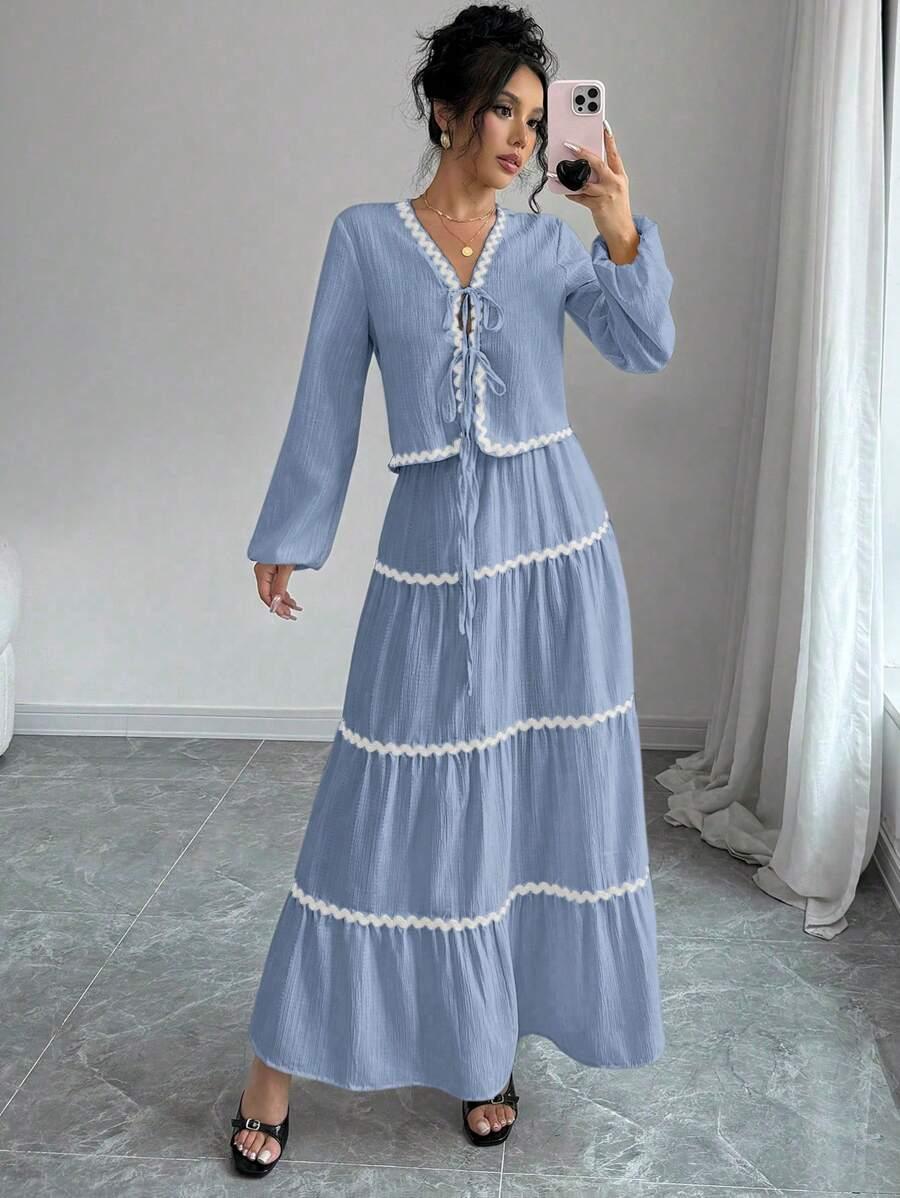 blue lantern sleeve blouse and tiered ruffle skirt set