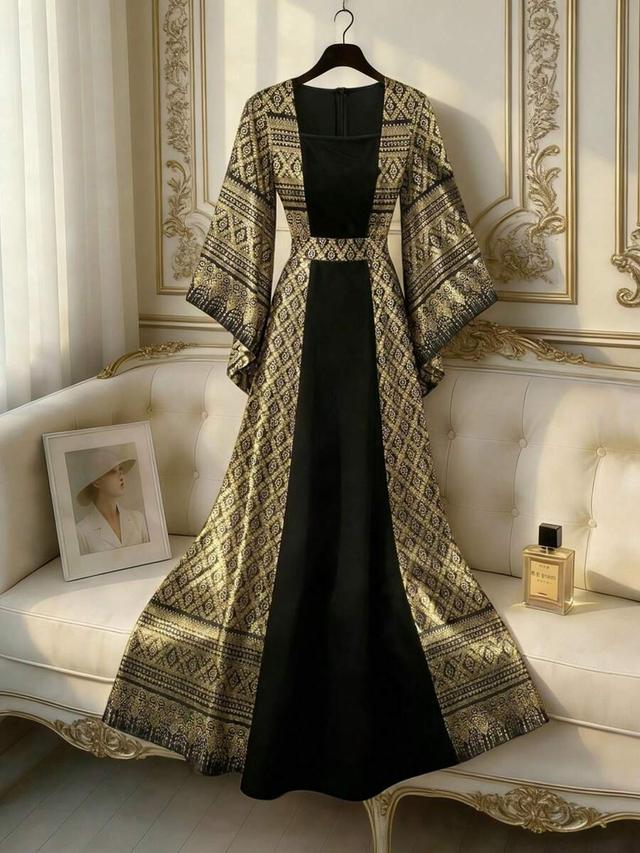 square neck patchwork black and gold long dress