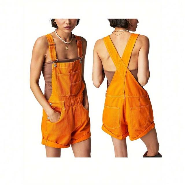 womens casual orange denim bib short overalls