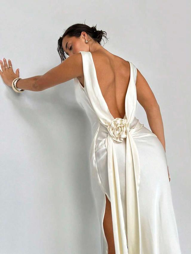 white satin backless sleeveless high slit evening dress