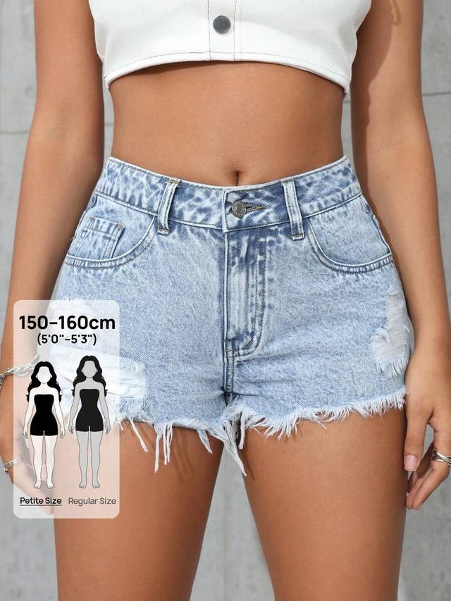 light wash distressed denim raw hem shorts