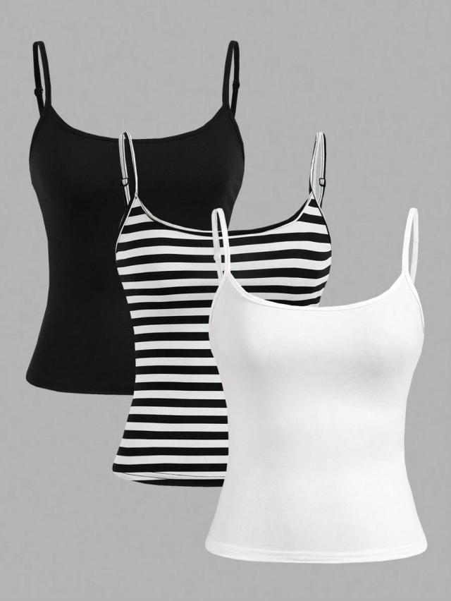 white striped and solid casual camisole tank top set