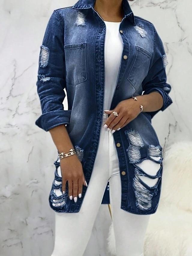 distressed blue denim button-down jacket