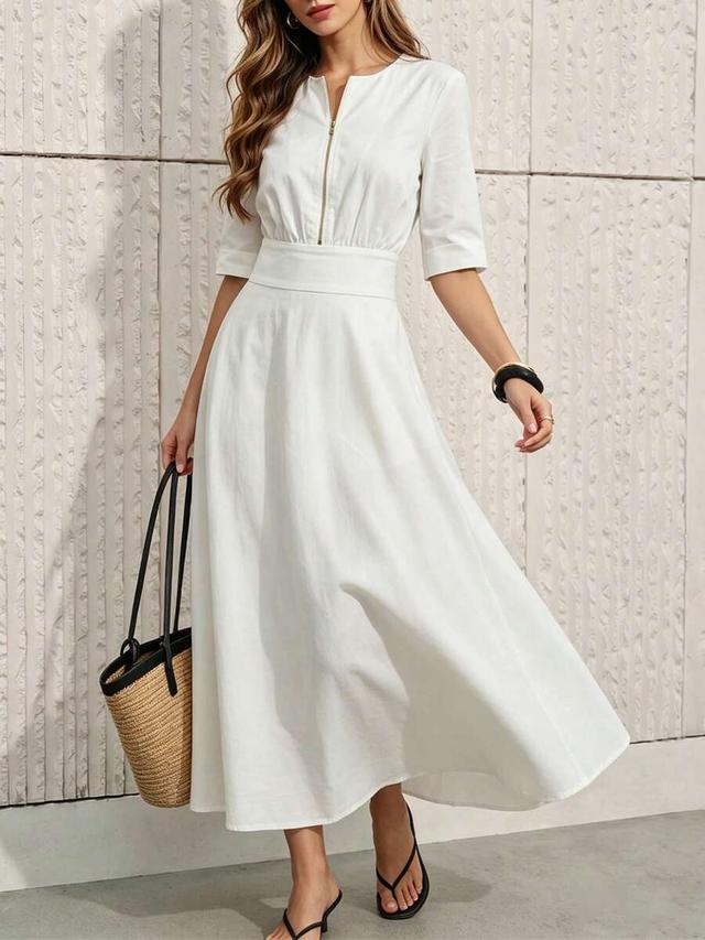 white front zipper mid-length a-line dress