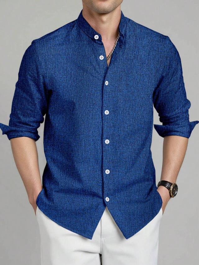 blue textured long sleeve button up shirt