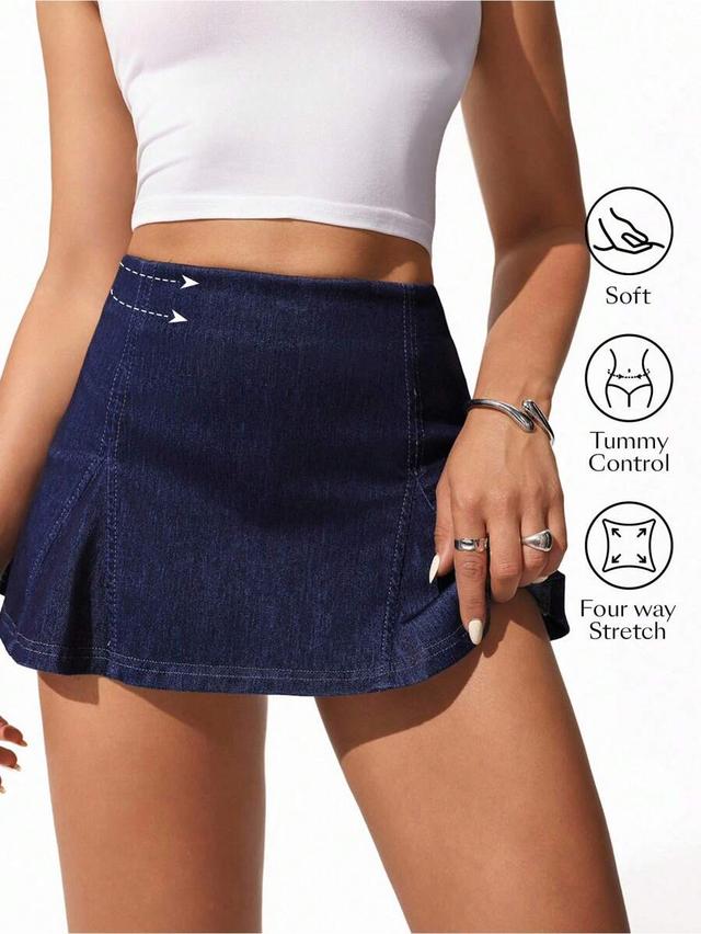 dark wash denim mini skirt with paneling
