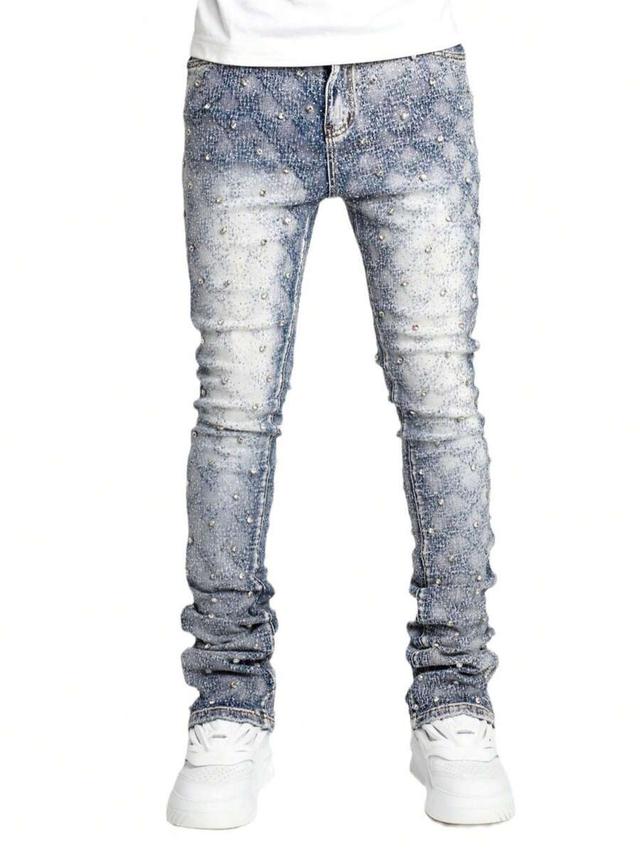 rhinestone embellished light wash stacked skinny jeans
