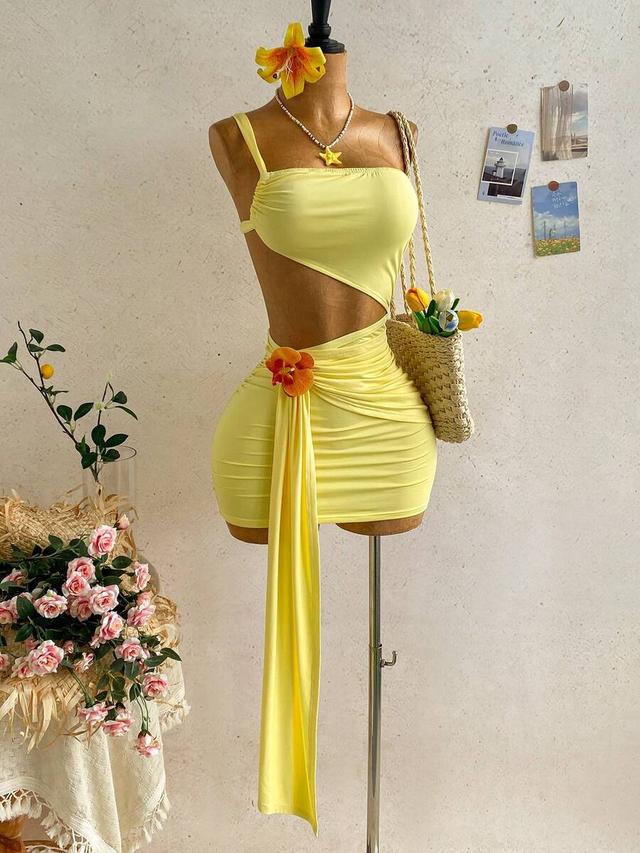 pale yellow tropical cutout ruched mini slip dress
