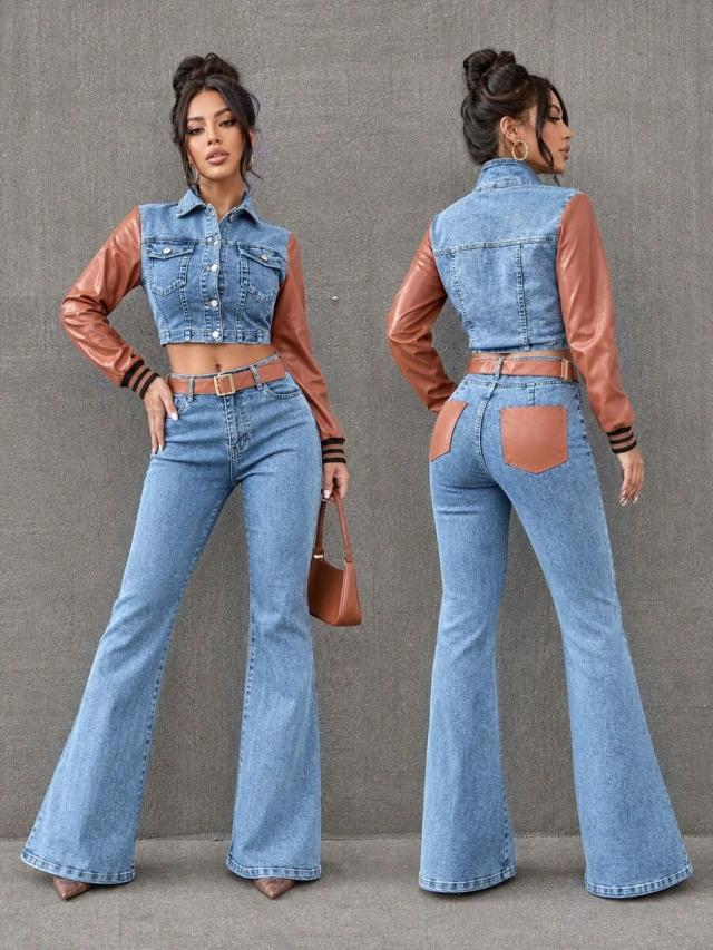 denim patchwork cropped jacket and flared jeans set