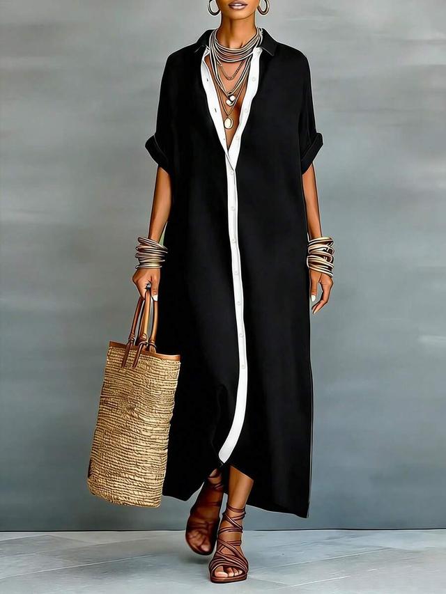 black and white patchwork linen-like long casual dress