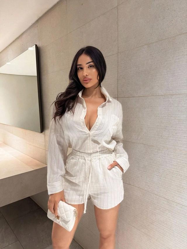 striped long sleeve shirt and high waist shorts set