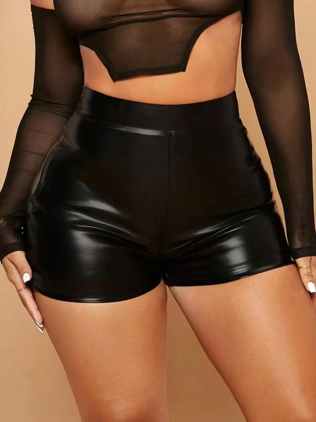 women's black fitted faux leather casual shorts
