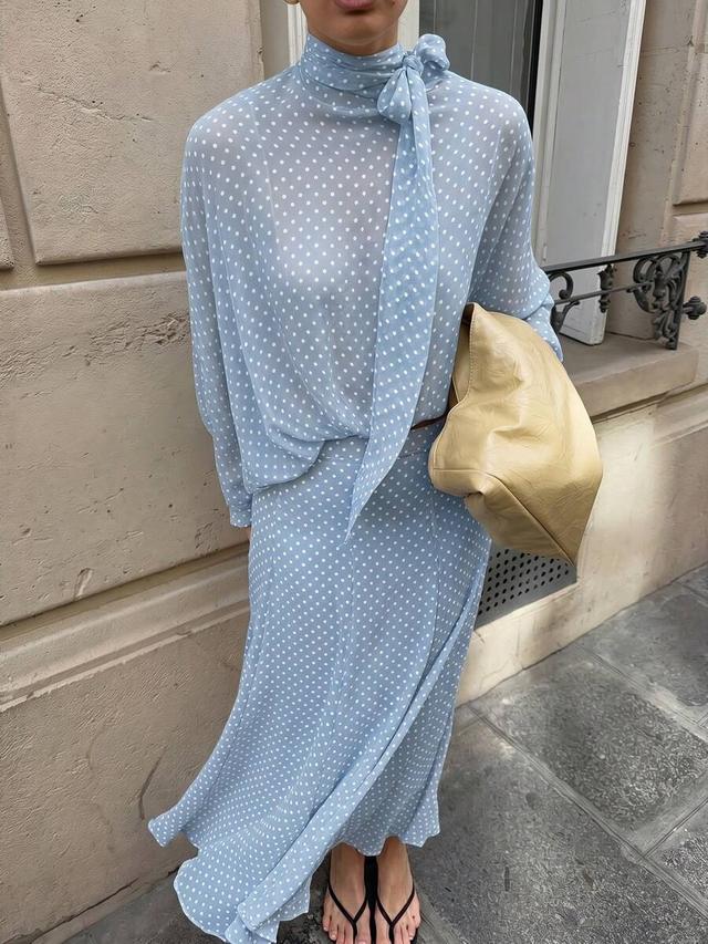 light blue polka dot lantern sleeve bow blouse