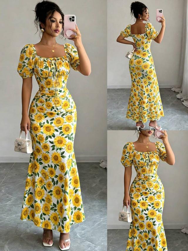 sunflower print square neck puff sleeve midi dress
