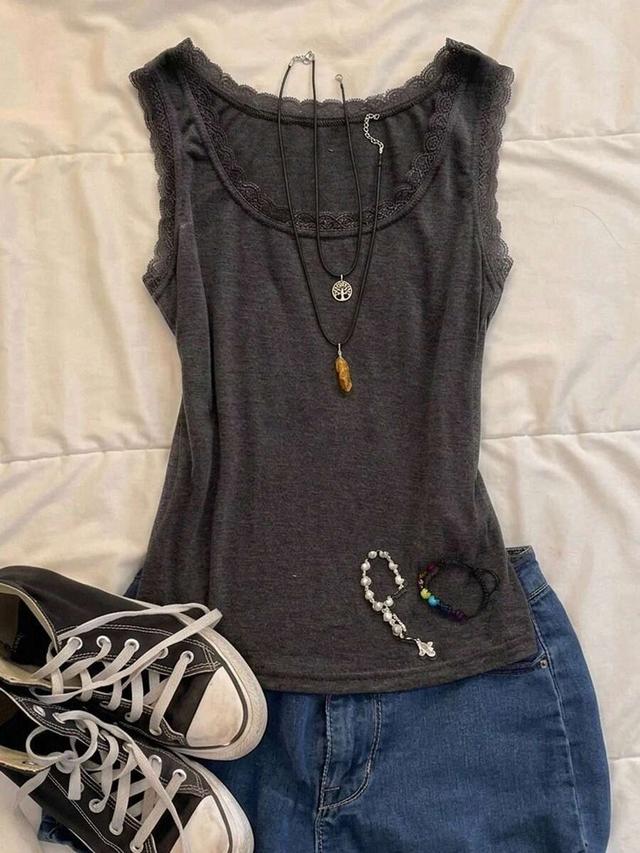 dark gray lace patchwork cotton tank top