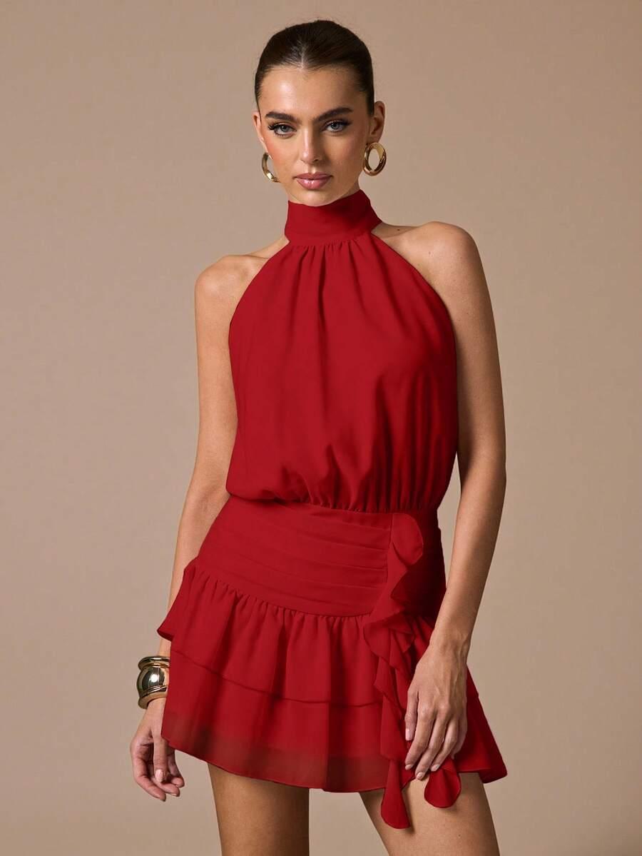 red sleeveless ruffle hem fitted mini sundress