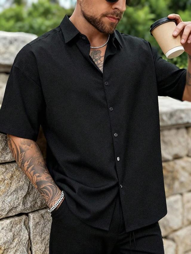 black cotton short sleeve casual mandarin collar shirt