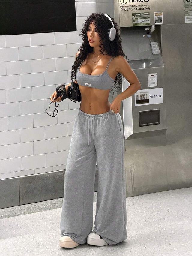 grey cotton knit crop top and straight leg sweatpants