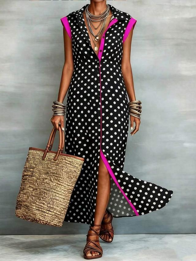 polka dot shirt collar long dress with pink trim