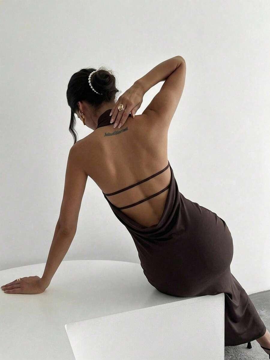 brown asymmetric sash neck halter ruched waist long dress
