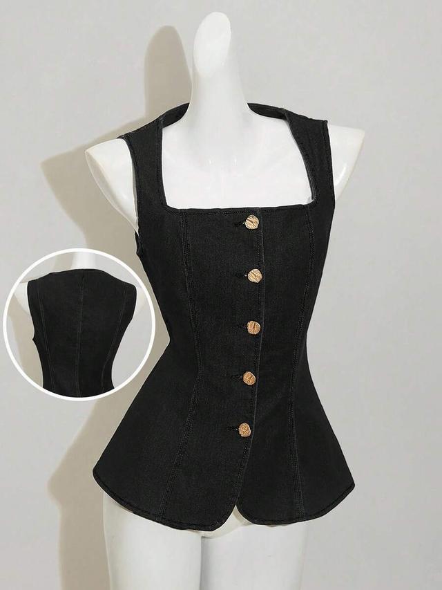 black denim square collar sleeveless button-down top