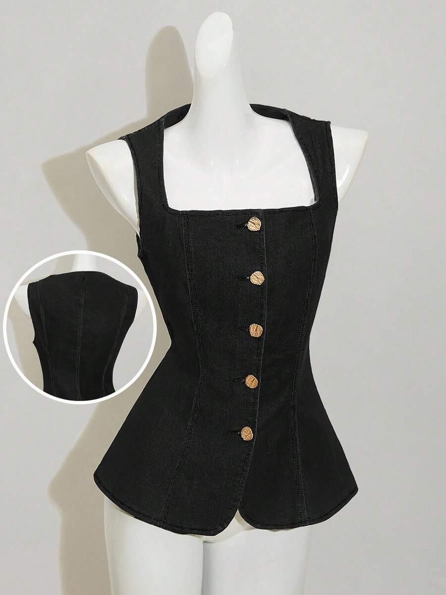 black denim square collar sleeveless button-down top