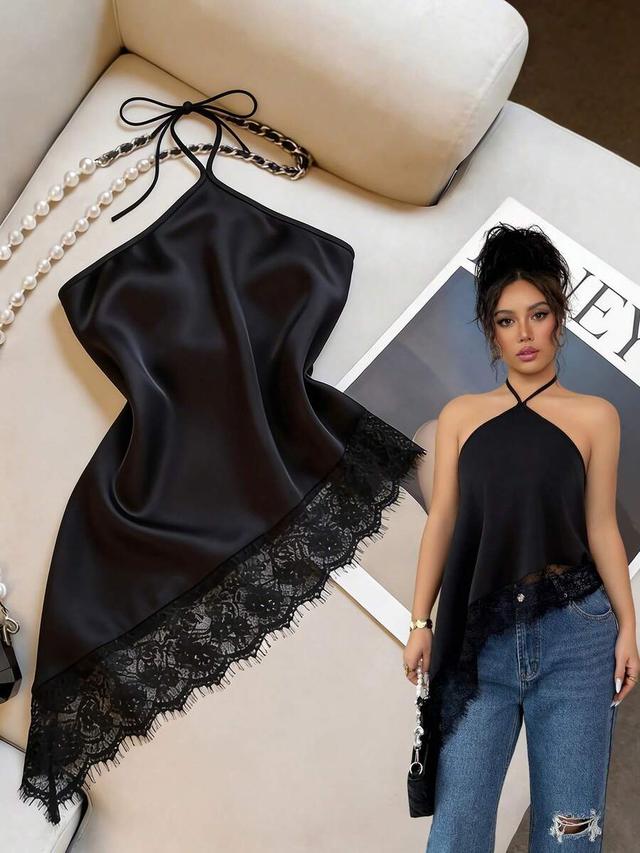 black satin halter top with lace trim