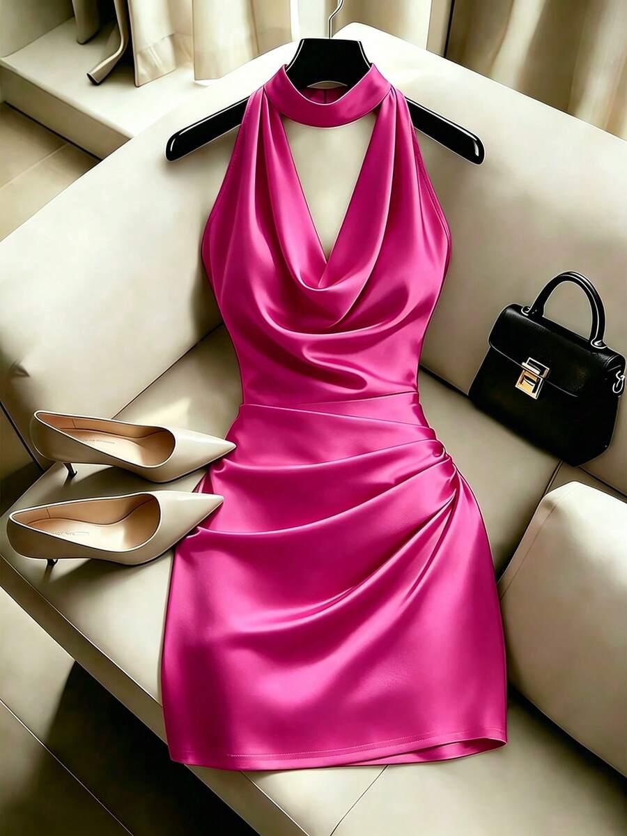 elegant fuchsia draped neck bodycon mini dress
