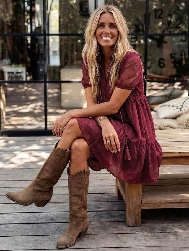 burgundy chiffon jacquard ruffle hem doll dress
