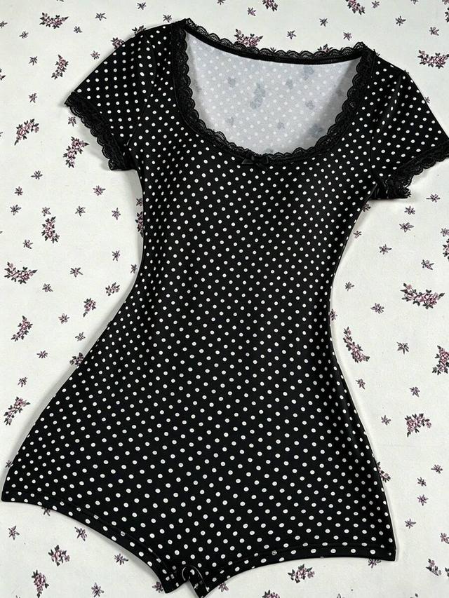 black and white polka dot lace trim bodysuit