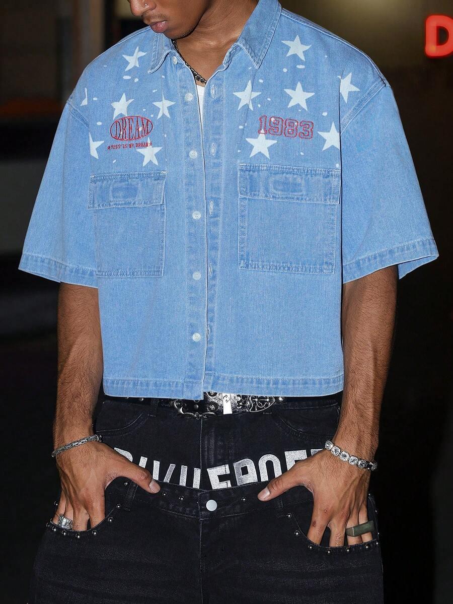 blue denim short sleeve shirt with star print