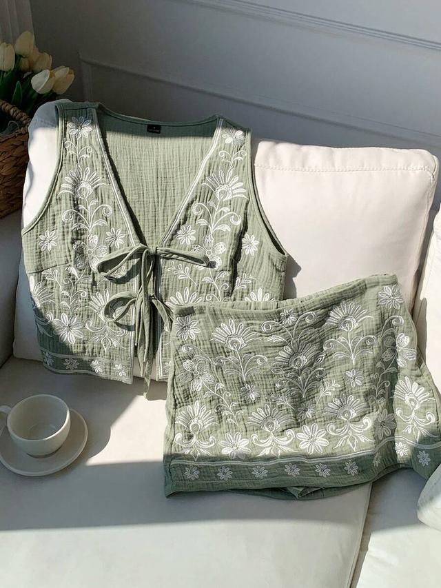 sage green embroidered cotton gauze vest and skirt set
