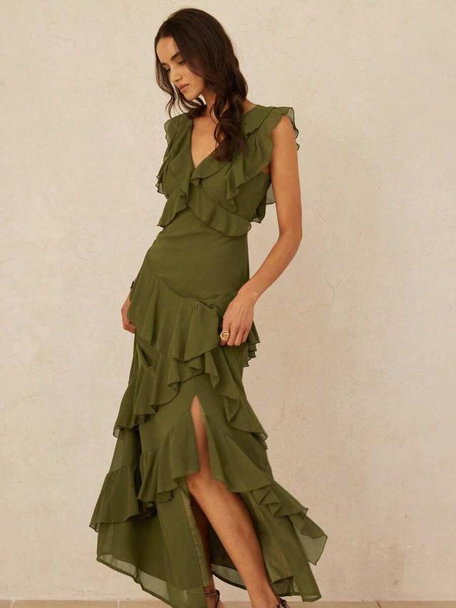 elegant olive green chiffon ruffle trim maxi dress