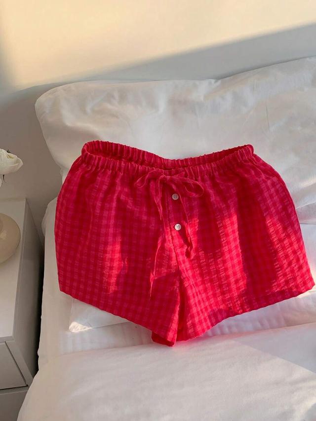 pink plaid cotton linen casual lounge shorts