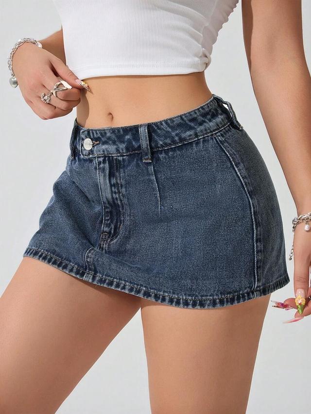 dark wash denim mini skirt