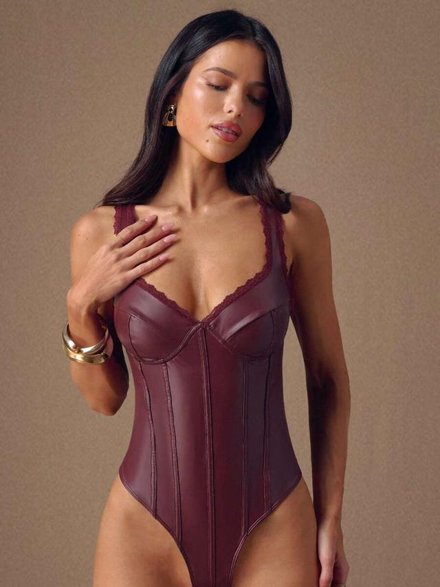 solid wine red elastic pu camisole bralette