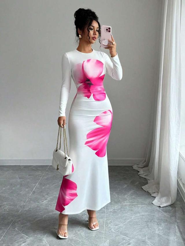 elegant fitted floral print long sleeve round neck dress
