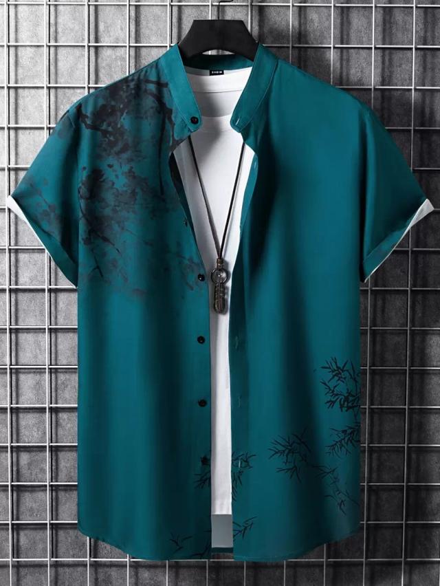 teal mandarin collar button up shirt with plant print