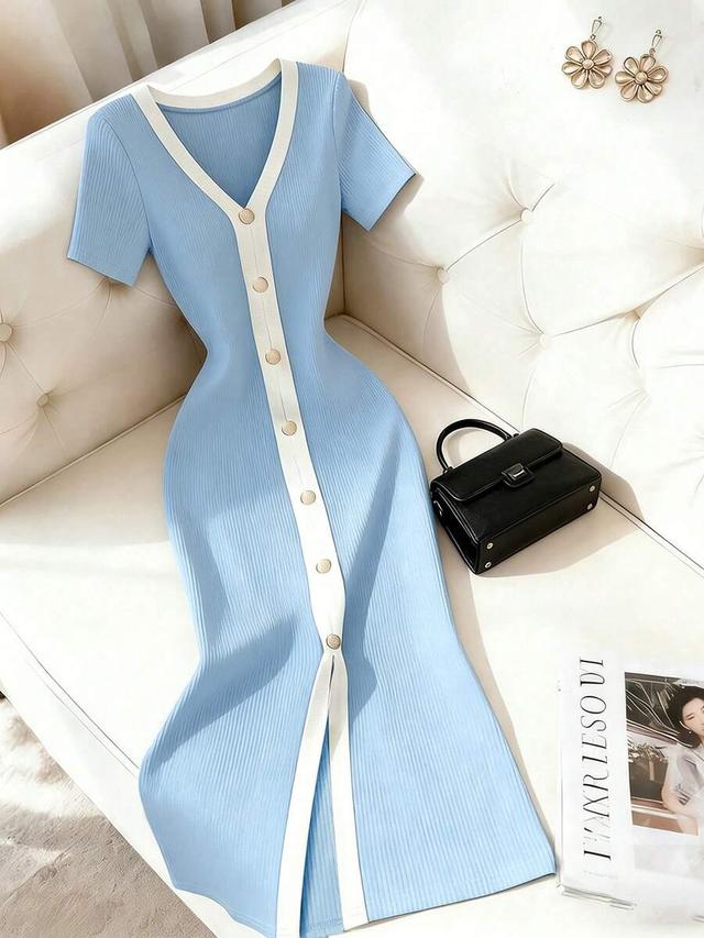 light blue contrast trim ribbed knit midi dress
