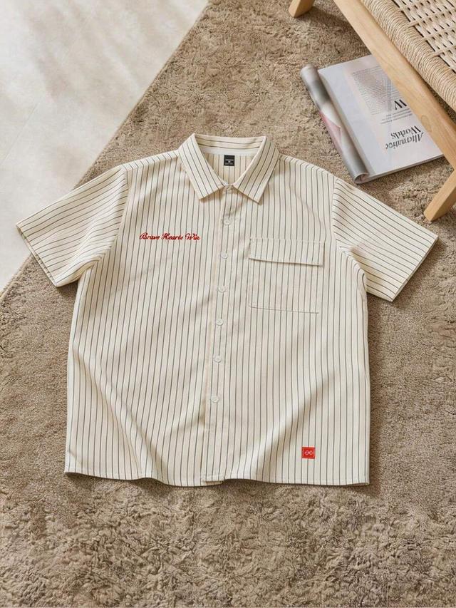 cream pinstripe short sleeve button up shirt