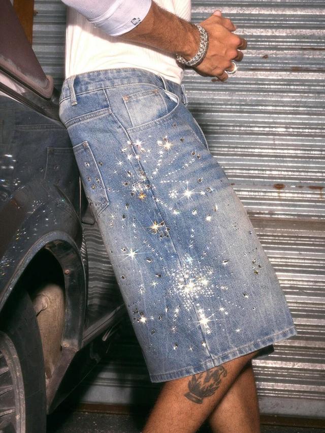 rhinestone distressed washed denim shorts