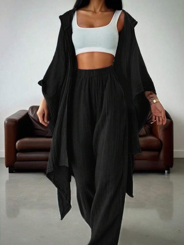 black solid color batwing sleeve hoodie and pants set